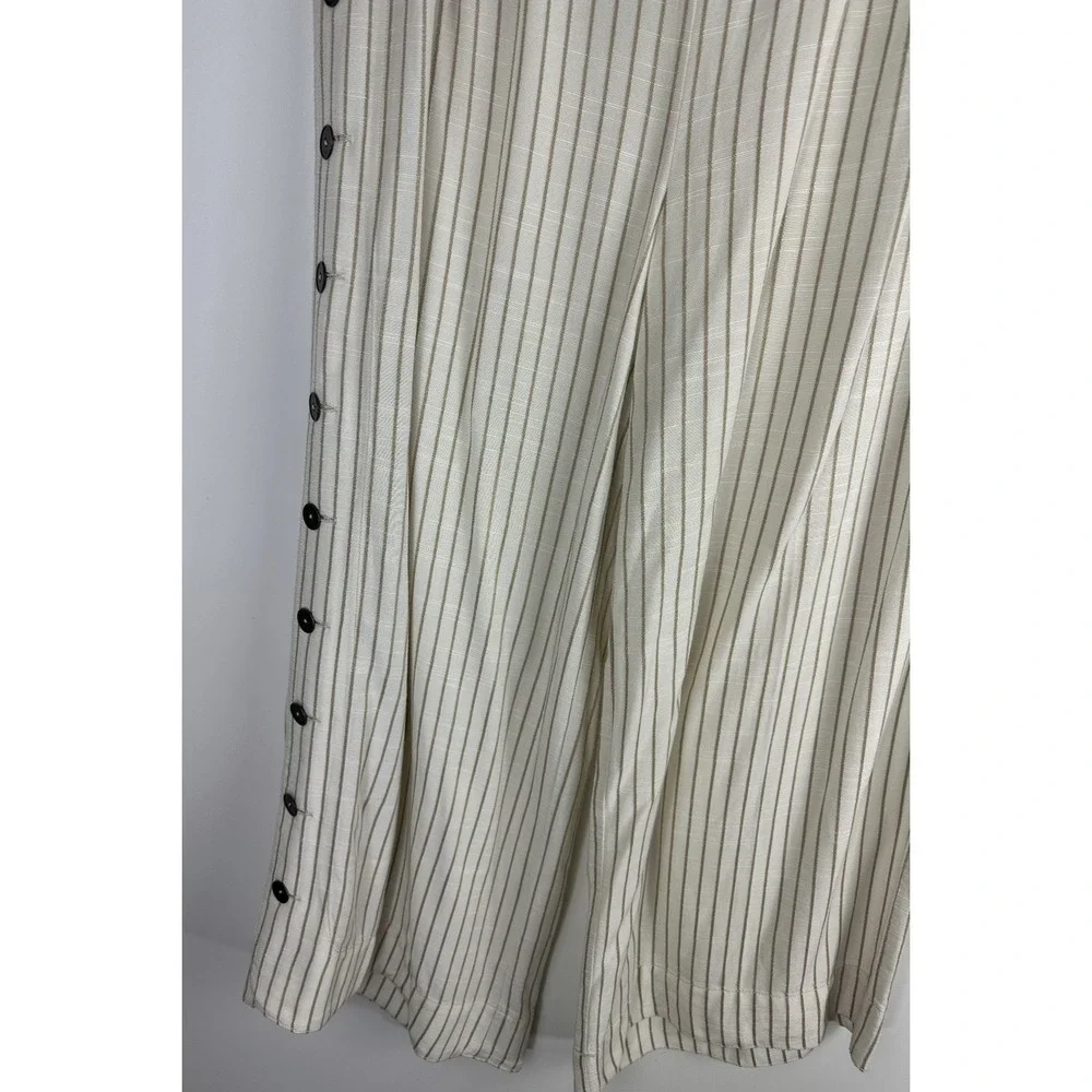 by Anthropologie Buttoned Wide Leg Pants Cream Stripe High Rise Ankle US Size 14 - Picture 5 of 13